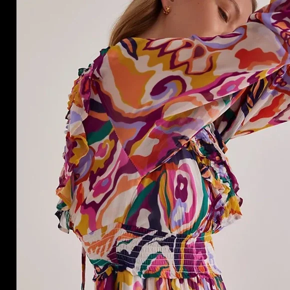 *By Anthropologie Ruffle V-Neck Long Sleeve Midi Dress - Picture 3 of 3